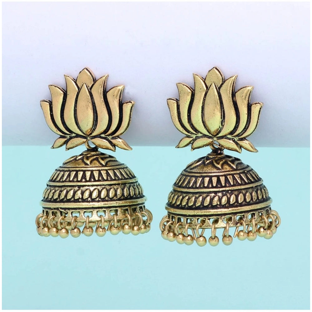 Women's Handmade Gold Plated Lotus Shape Oxidised Jhumki