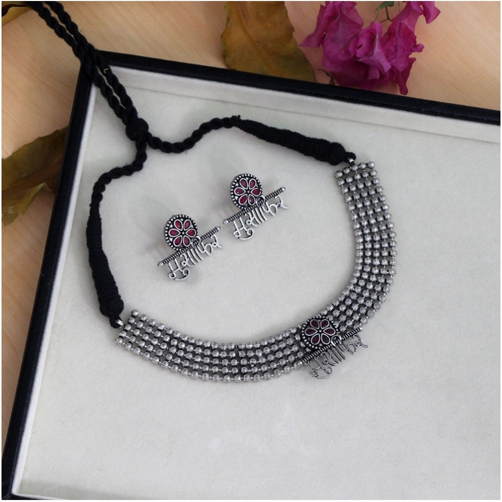 Women's Maroon Color Oxidised Temple Necklace Set