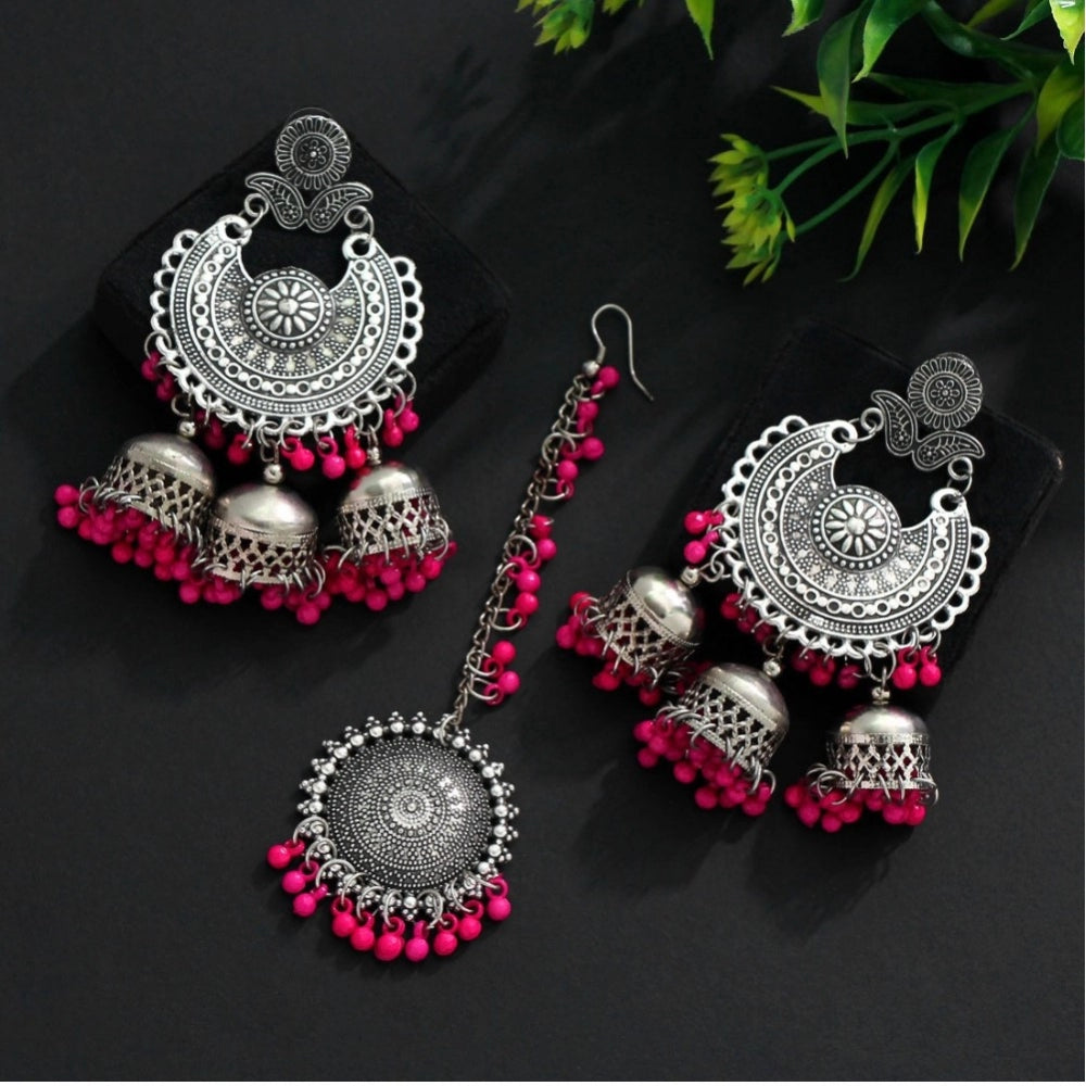 Women's Rani Color Oxidised Earrings Tikka Set