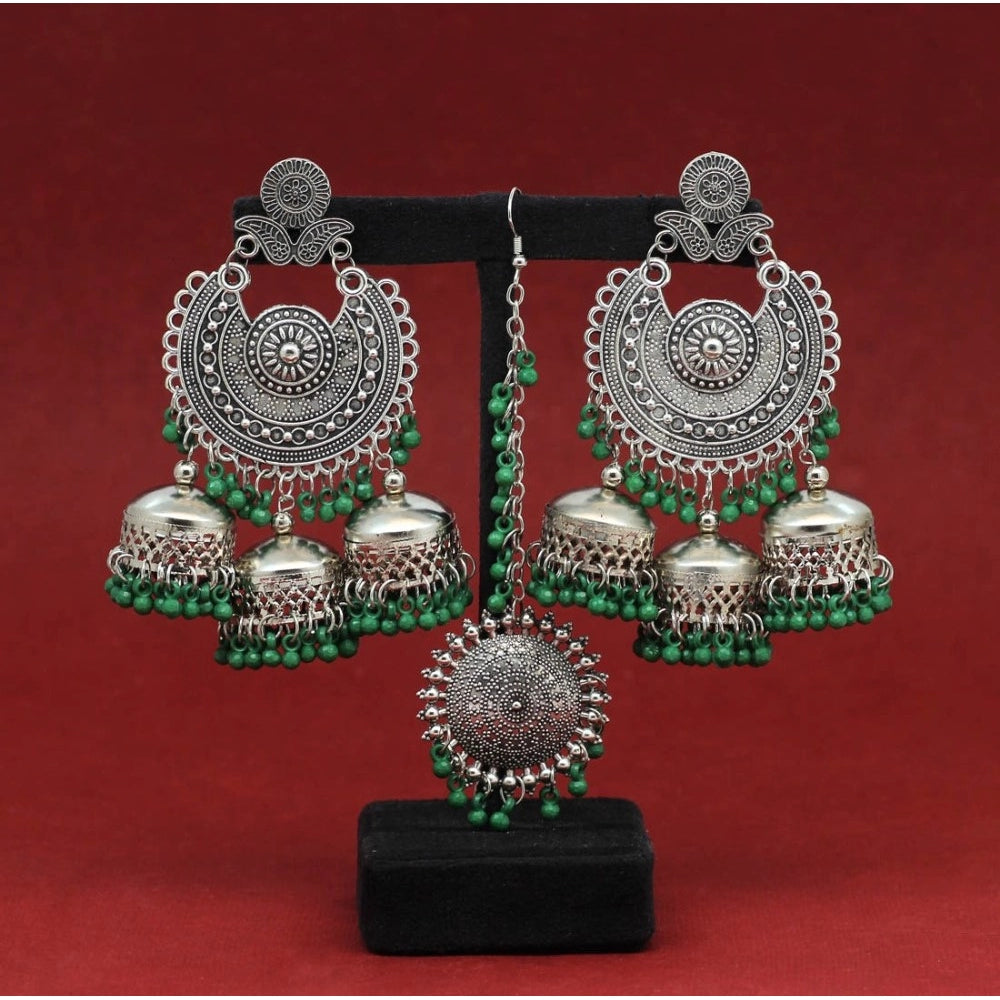 Women's Green Color Oxidised Earrings Tikka Set