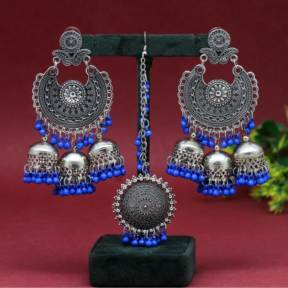 Generic Women's Blue Color Oxidised Earrings Tikka Set