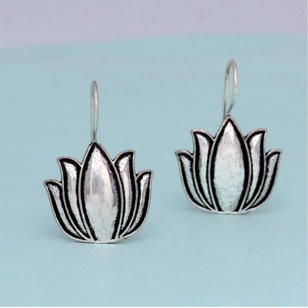 Women's Lotus Oxidised Silver Plated Stud Dangler Earrings