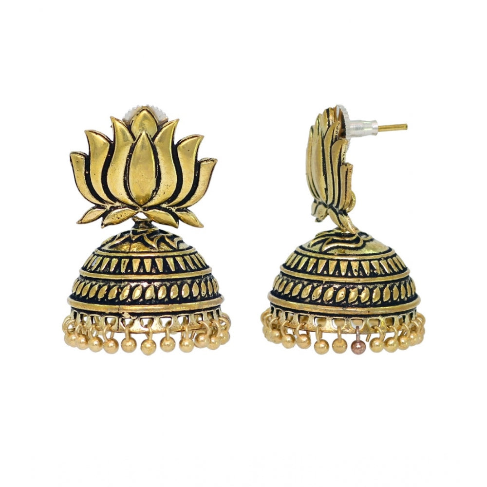 Women's Handmade Gold Plated Lotus Shape Oxidised Jhumki