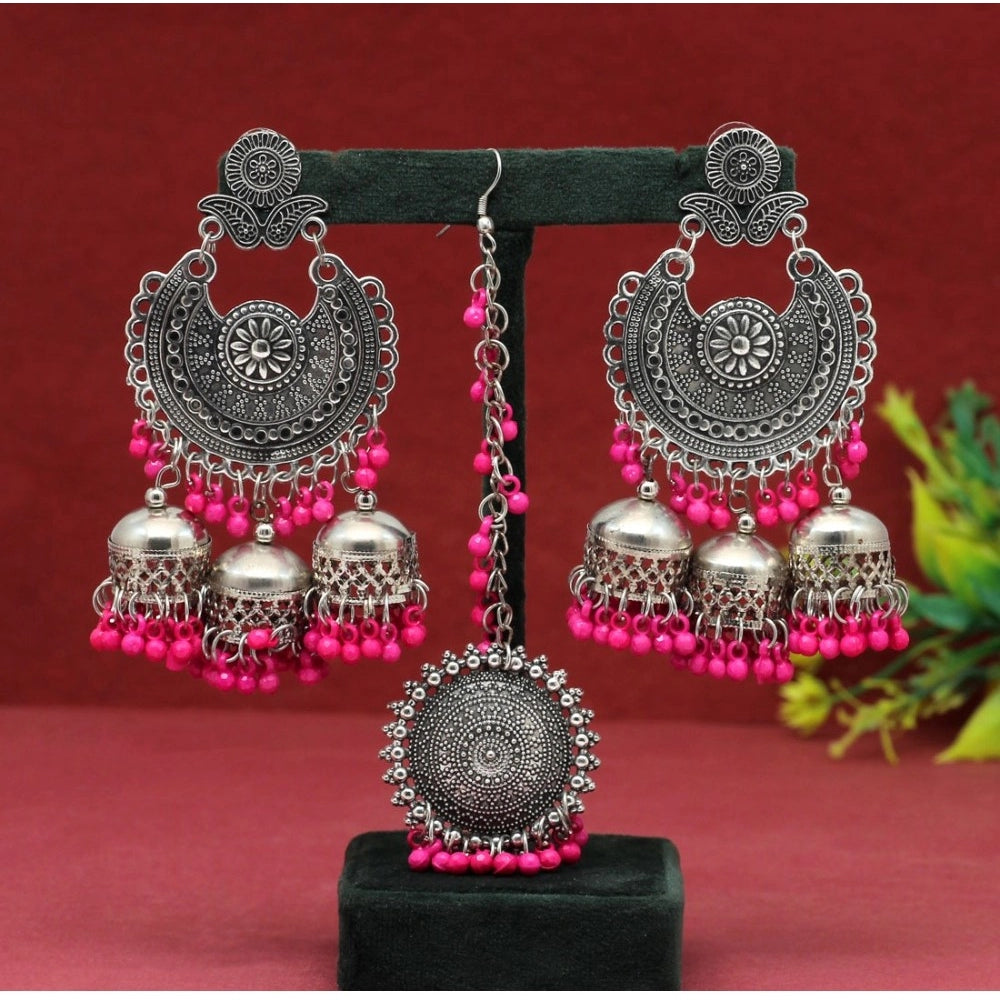 Women's Rani Color Oxidised Earrings Tikka Set