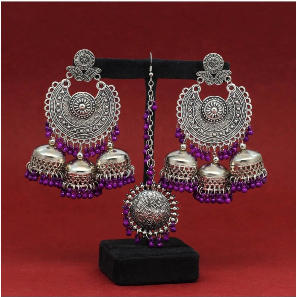 Women's Purple Color Oxidised Earrings Tikka Set