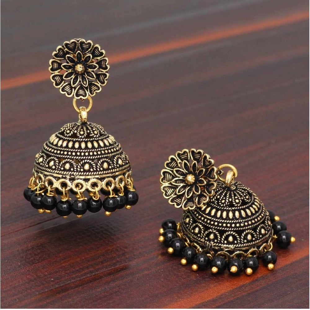Women's Rajasthani Traditional Wedding Collection Floral Design Gold Oxidised Black Color Jhumki Earrings