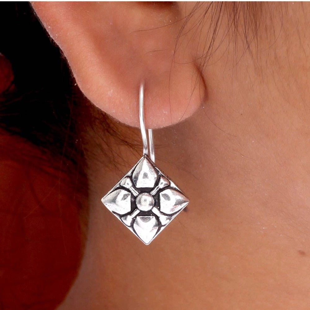 Women's Square Shape Oxidised Silver Plated Stud Brass Earrings