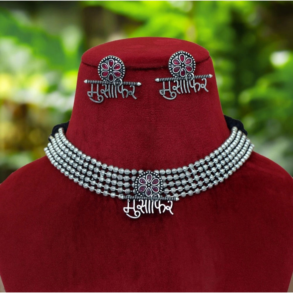 Women's Maroon Color Oxidised Temple Necklace Set