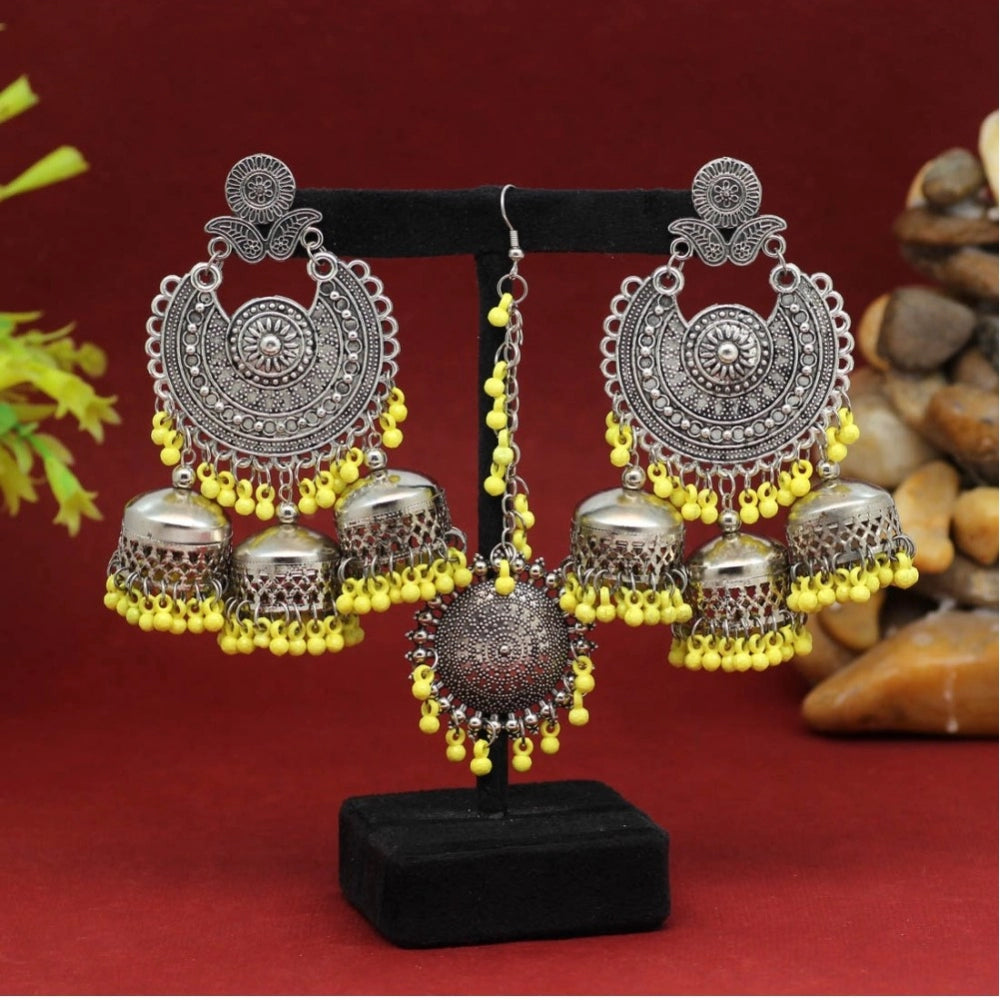Women's Yellow Color Oxidised Earrings Tikka Set