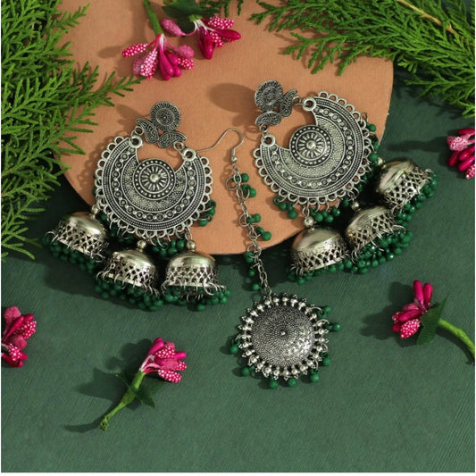 Women's Green Color Oxidised Earrings Tikka Set
