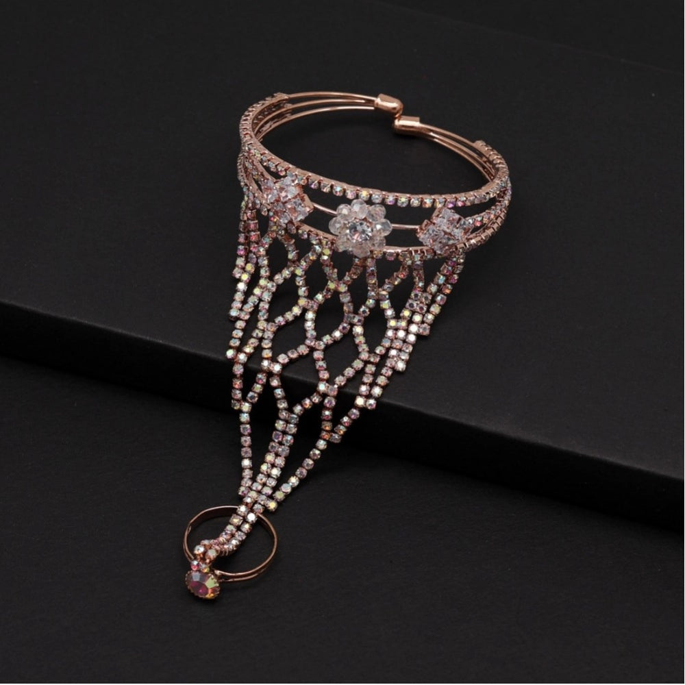 Women's Rainblow Color Rose Gold Rhinestone Hathphool Adjustable Bracelet