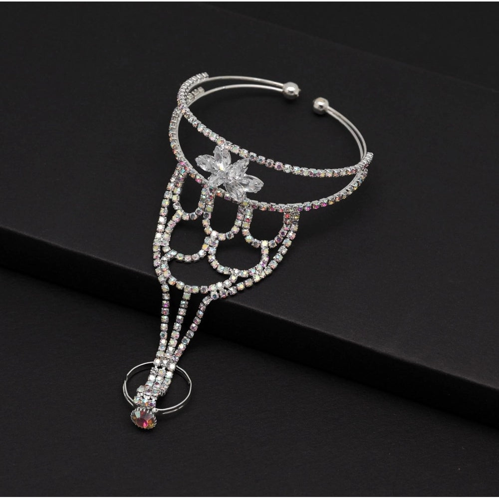 Women's White Color Rhinestone Hathphool Adjustable Bracelet