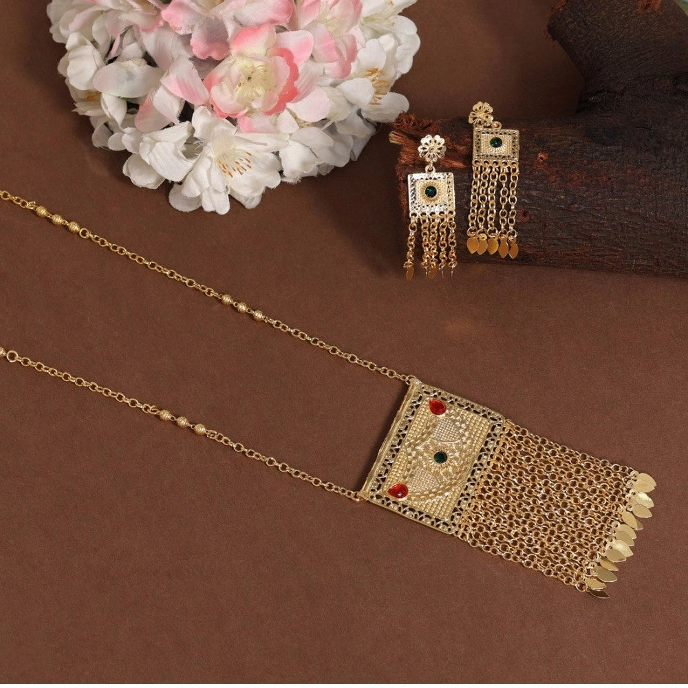 Women's Red &amp; Green Color Gold Plated Necklace Set Adjustable Chain