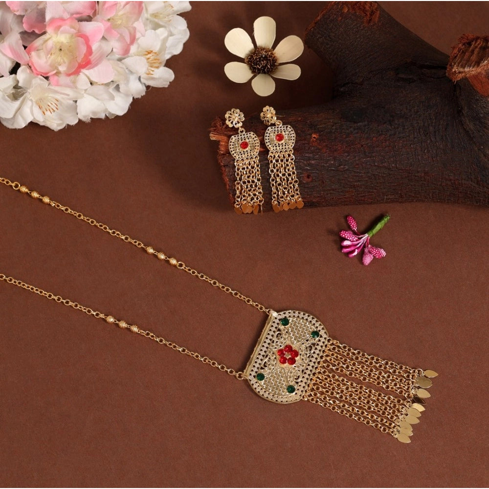Women's Red &amp; Green Color Gold Plated Necklace Set Adjustable Chain