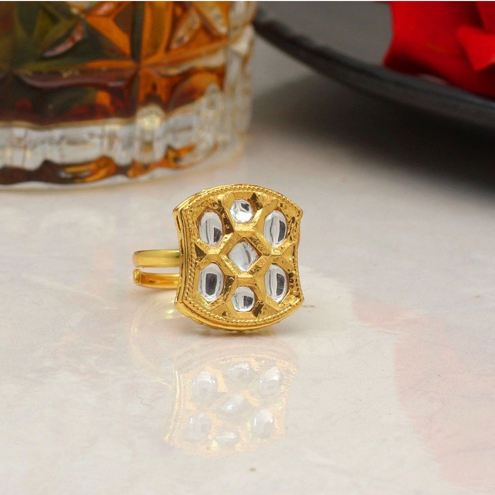 Women's White Color Kundan Ring For Women Adjustable Ring