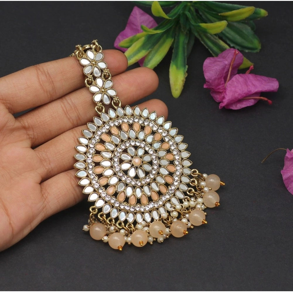 Women's Peach Color Mirror Work Maang Tikka