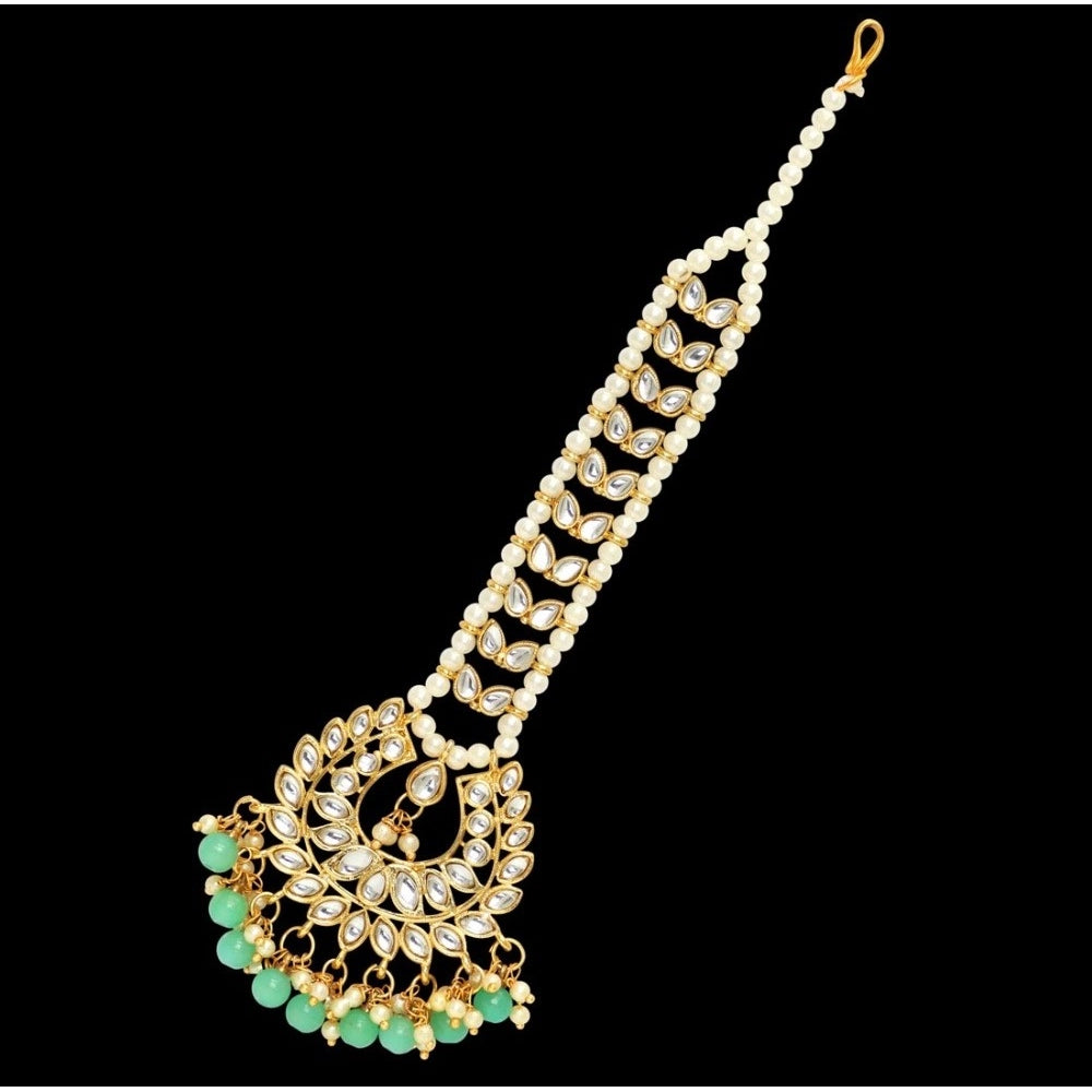 Women's Green Color Imitation Pearl &amp; Kundan Maang Tikka