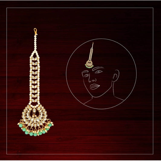 Women's Green Color Imitation Pearl &amp; Kundan Maang Tikka