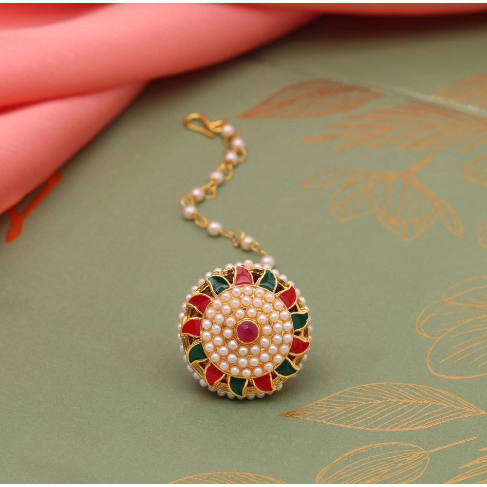Women's Maroon &amp; Green Color Meena Work Borla Tikka