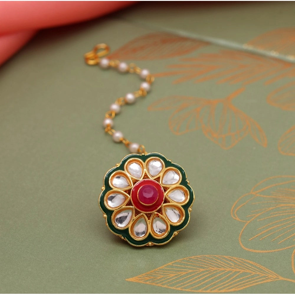 Women's Maroon &amp; Green Color Kundan Meena Borla Tikka