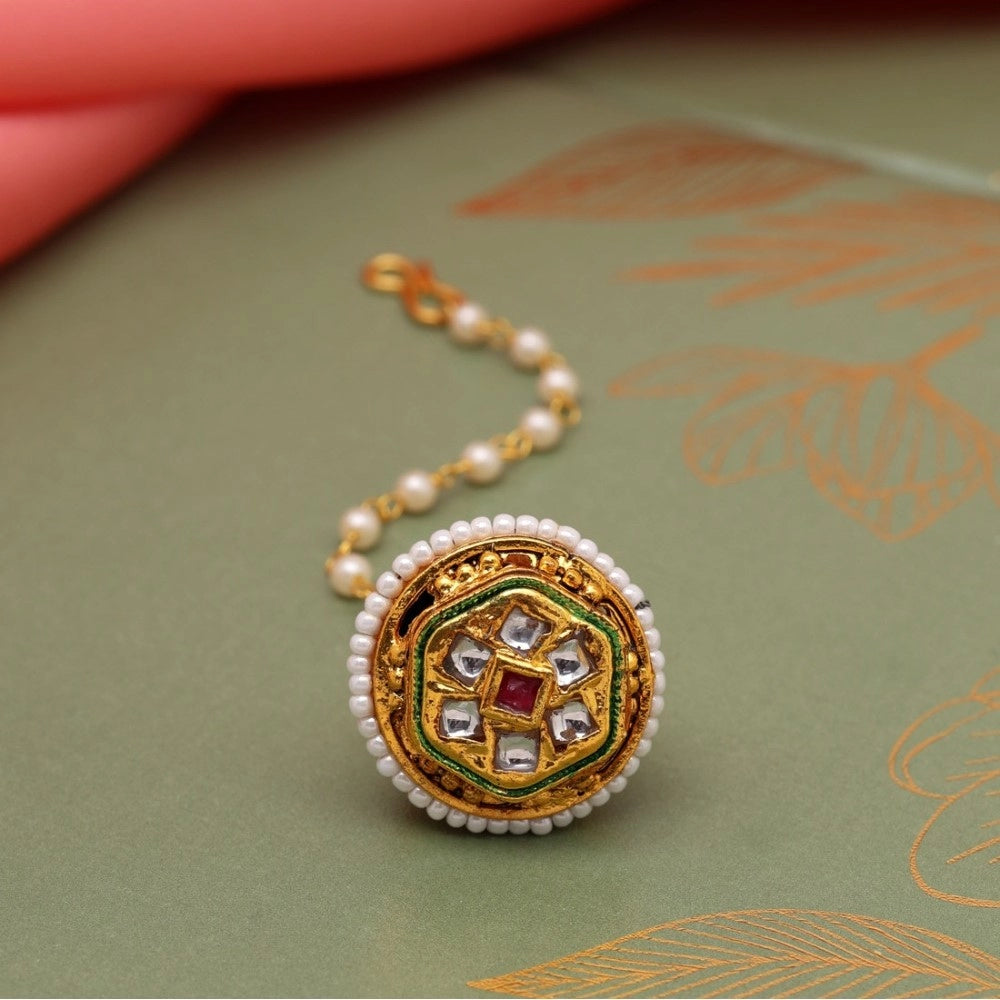 Women's Maroon &amp; Green Color Kundan Meena Borla Tikka