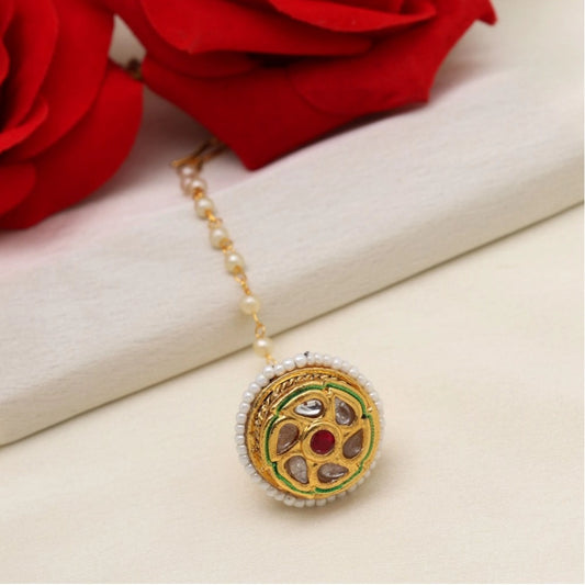 Women's Maroon &amp; Green Color Kundan Meena Borla Tikka