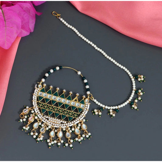 Women's Green Color Kundan &amp; Beads Nose Nath