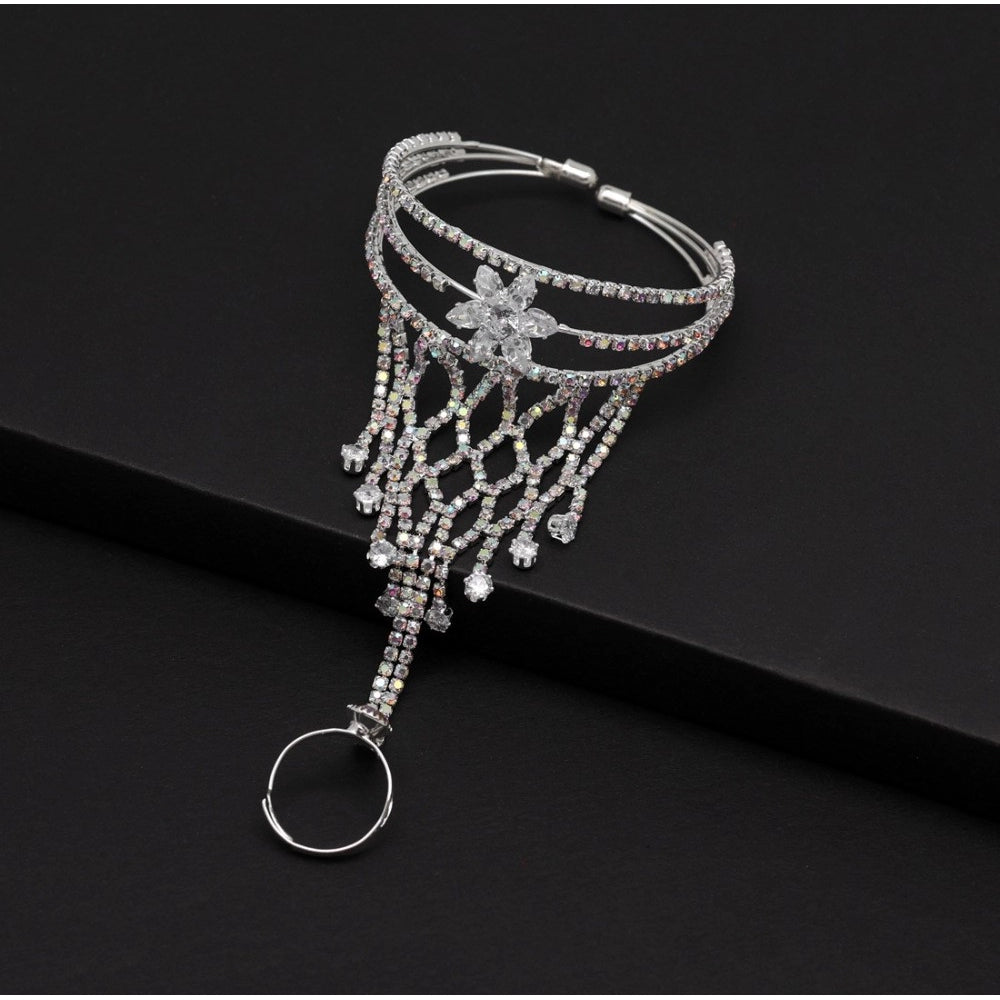 Women's White Color Rhinestone Hathphool Adjustable Bracelet