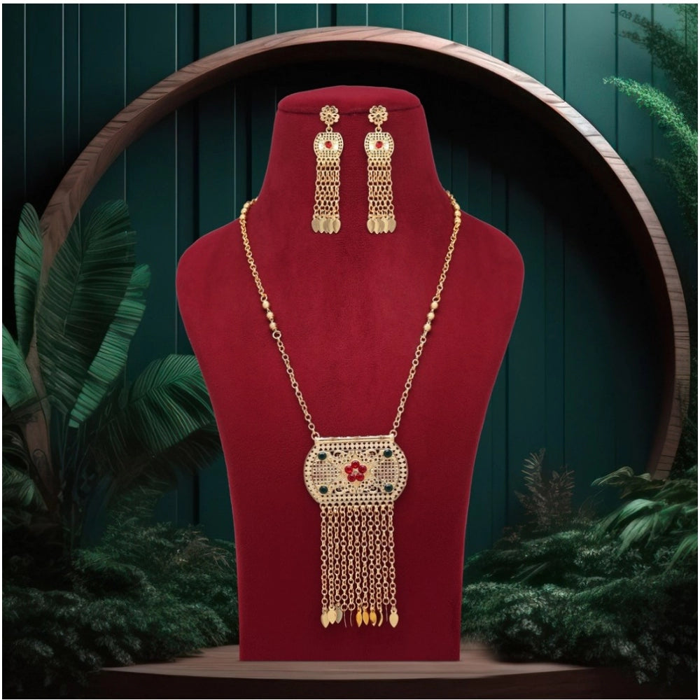 Women's Red &amp; Green Color Gold Plated Necklace Set Adjustable Chain