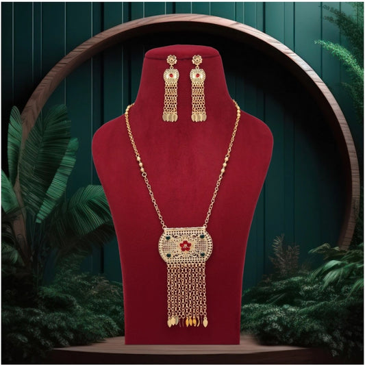 Women's Red &amp; Green Color Gold Plated Necklace Set Adjustable Chain
