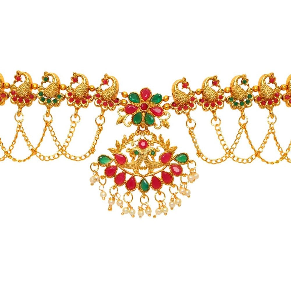 Women's Maroon &amp; Green Color Glass Stone Kamarband Adjustable Chain