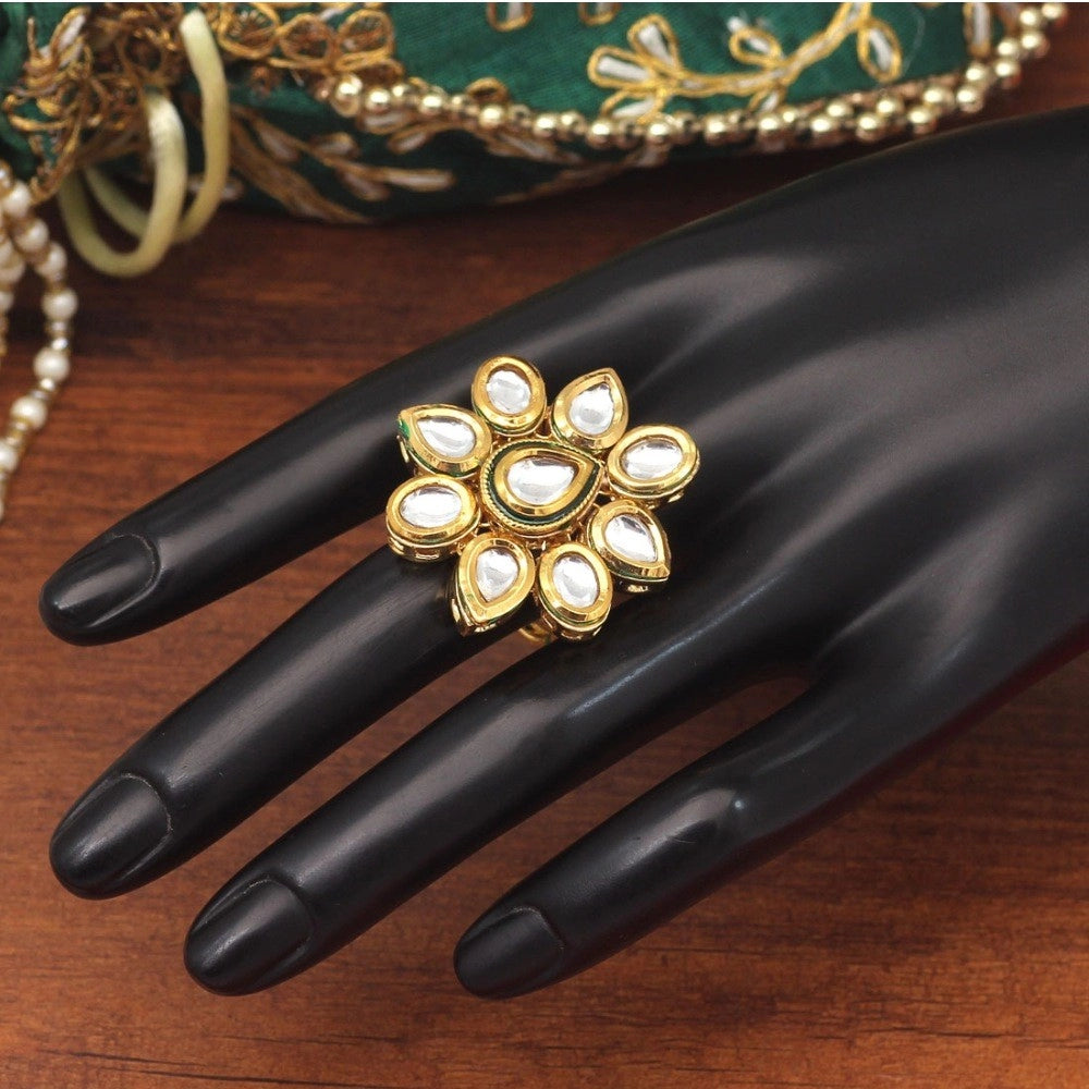 Women's White Color Kundan Meenakari Finger Ring For Women Adjustable Ring