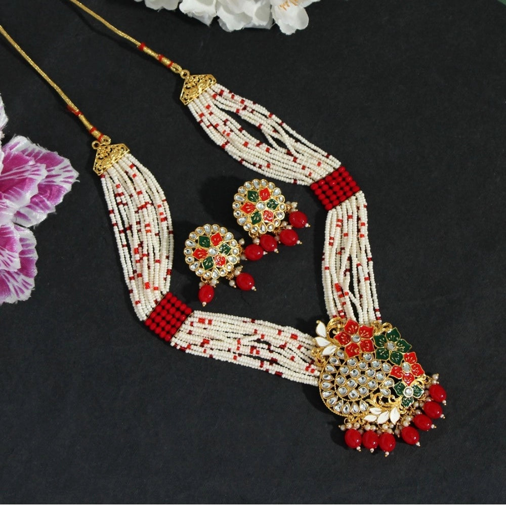 Women's Red Color Long Meenakari Necklace Set
