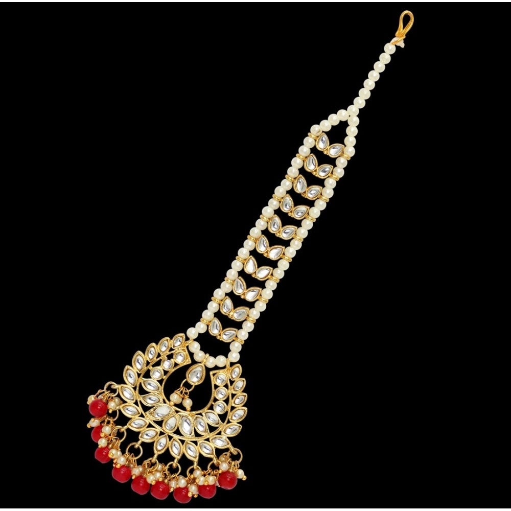 Women's Red Color Imitation Pearl &amp; Kundan Maang Tikka