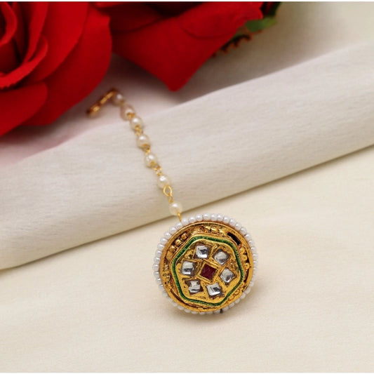 Women's Maroon &amp; Green Color Kundan Meena Borla Tikka