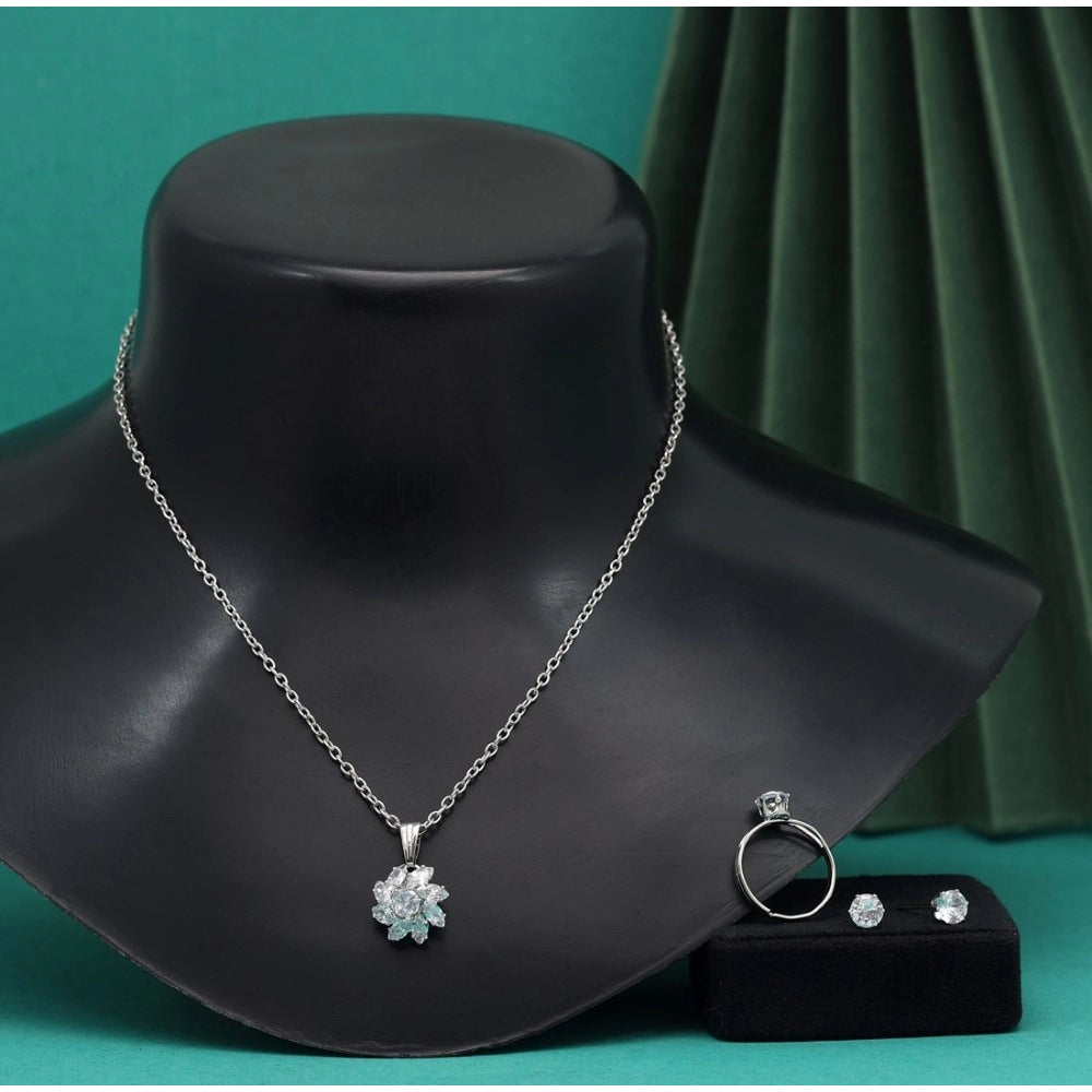 Women's Silver Color Stone Locket Pendant Set Adjustable Ring