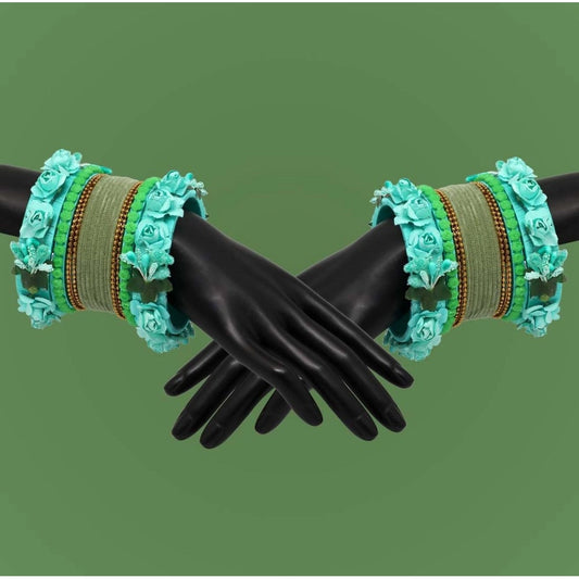 Women's Rama Green Color Rose Floral Bangles Set: 2.8