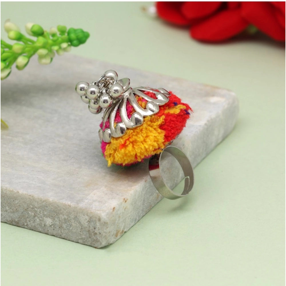 Women's Multi Color Thread Work Oxidised Adjustable Rings