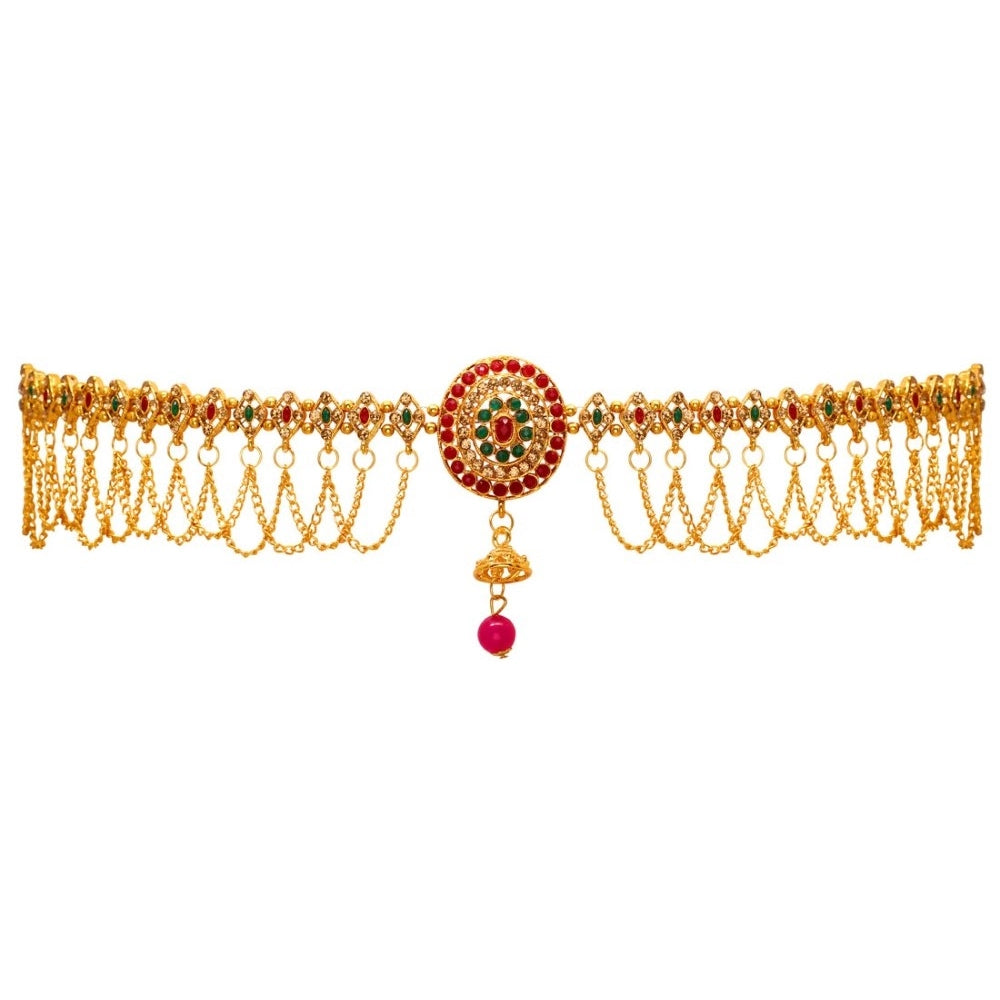Women's Maroon &amp; Green Color Glass Stone Kamarband Adjustable Chain