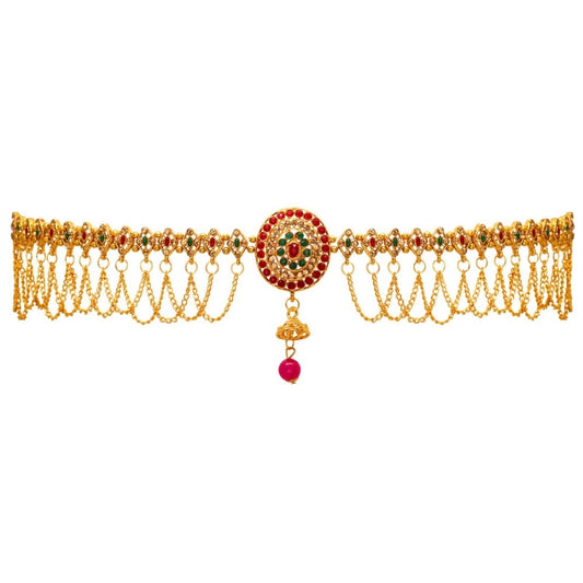 Women's Maroon &amp; Green Color Glass Stone Kamarband Adjustable Chain