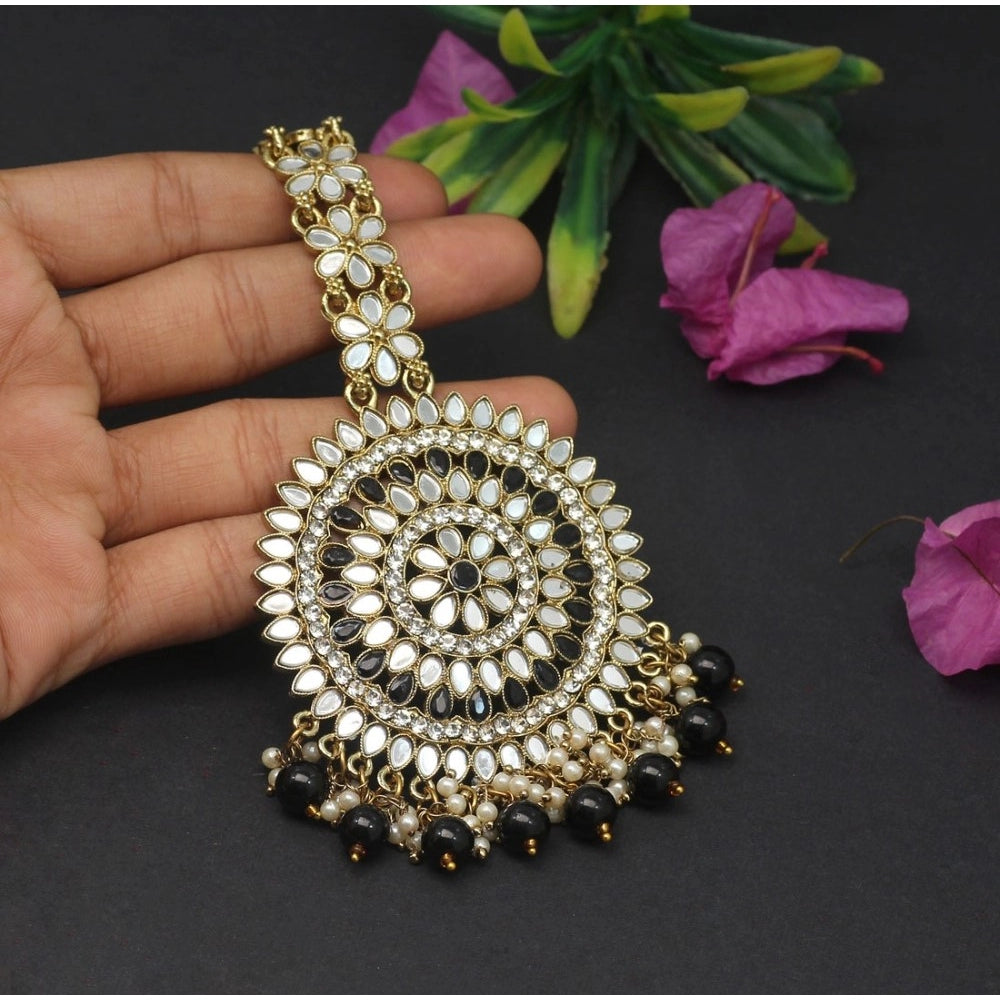 Women's Black Color Mirror Work Maang Tikka