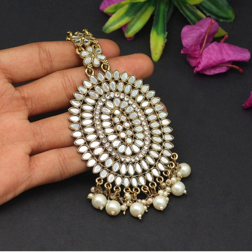 Women's White Color Mirror Work Maang Tikka