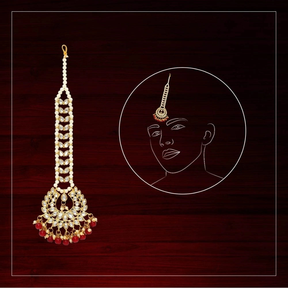 Women's Red Color Imitation Pearl &amp; Kundan Maang Tikka