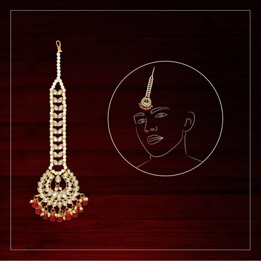 Women's Red Color Imitation Pearl &amp; Kundan Maang Tikka