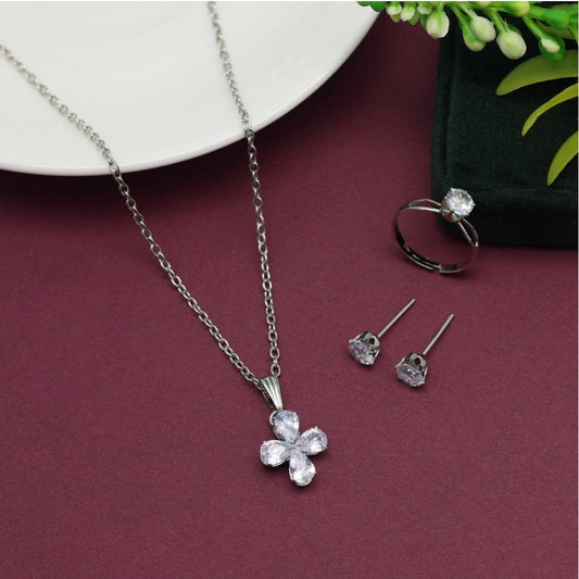Women's Silver Color Stone Locket Pendant Set Adjustable Ring