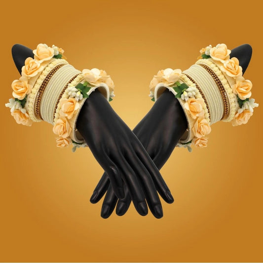 Women's Off White Color Floral Bangles Set: 2.4