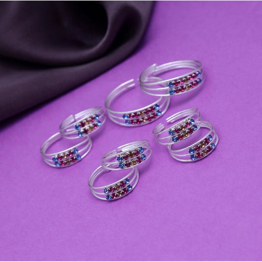 Women's Multi Color Assorted Design Adjustable Toe Rings Combo Of 4 Pairs