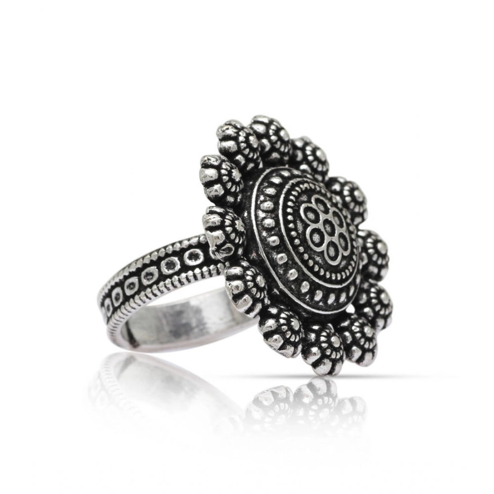 Women's Floral Design Silver Color Oxidised Adjustable Ring