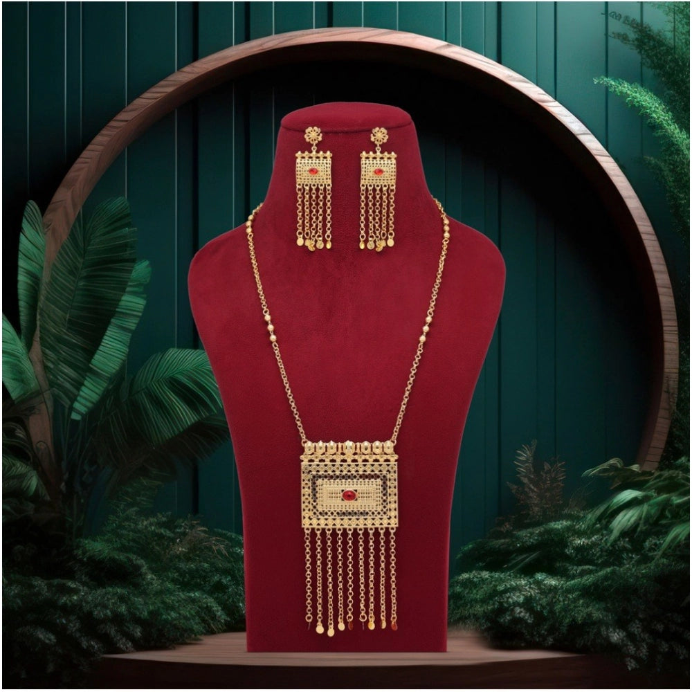 Women's Red Color Gold Plated Necklace Set Adjustable Chain