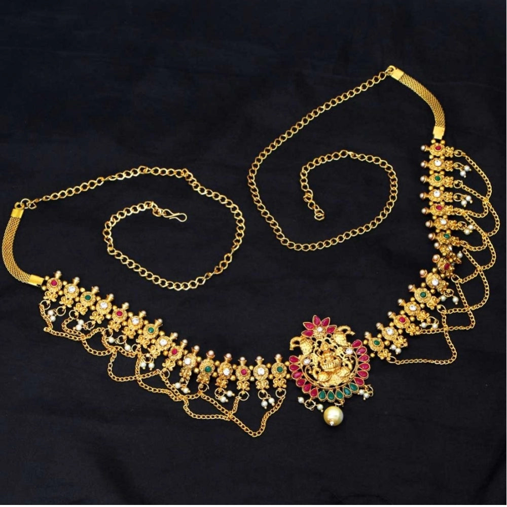 Women's Maroon &amp; Green Color Glass Stone Kamarband Adjustable Chain
